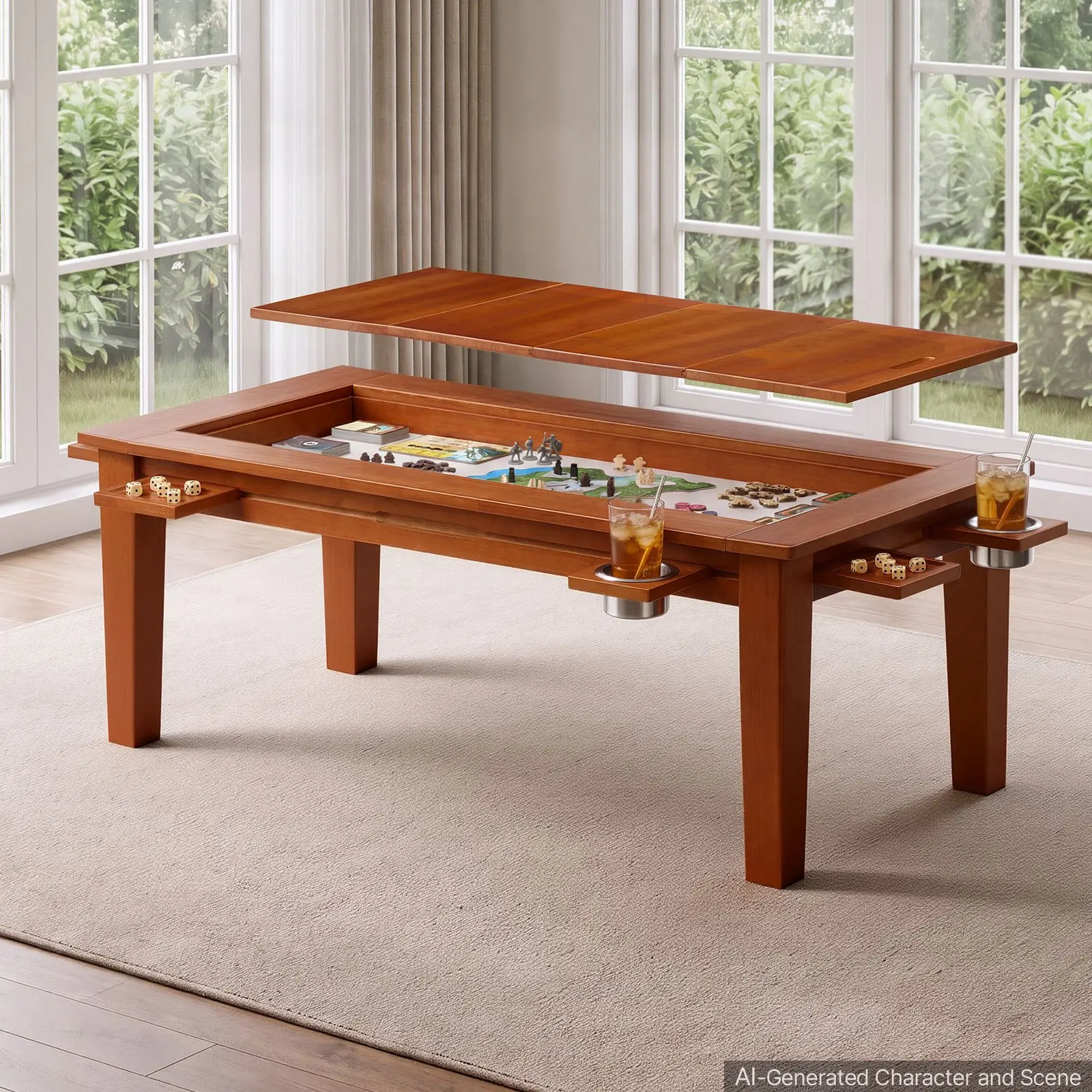 【toolupgrade】VEVOR Board Game Table 2-in-1 Gaming and Dining Table 47.2x 23.6x 17.7 in, Roomy for 4 Players, with Removable Tabletop, Leather Gaming Mat, 4 Cup Holders Sliding Trays, 300LBS Solid Wood Support