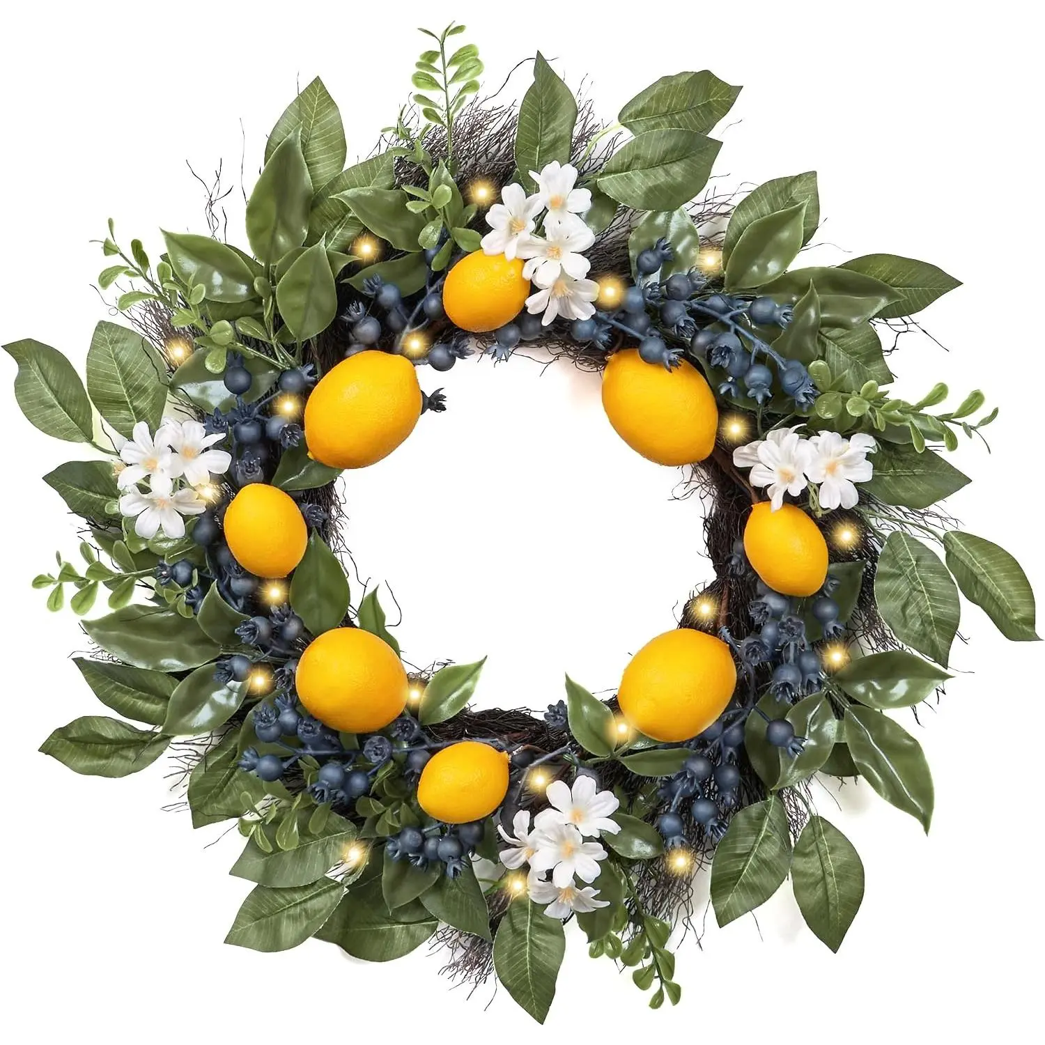 20'' Artificial Lemon Wreath for Front Door Summer Decor |     Summer Wreath with Eucalyptus Greenery & Blueberry, Farmhouse Home Porch Wall Kitchen Amalfi Coast Decor