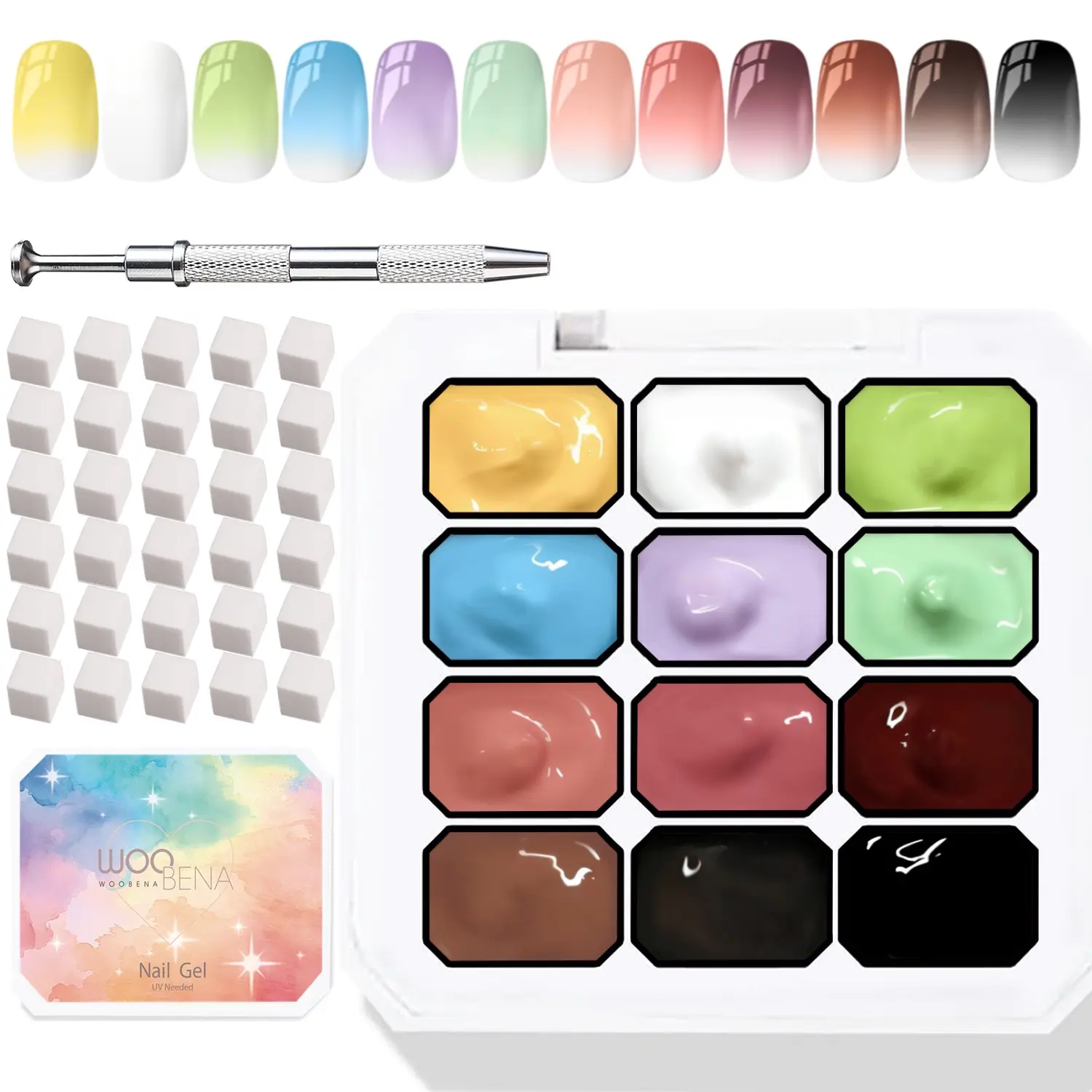 12 Colors Pat Paint Nail Gel, Sponge Pat Gel Ombre Nail Polish Gradient Gel Nail Blush Blooming Aura Nails Drawing Stripper Floral Painting DIY Nail Art, No Wipe, UV/LED Curing (12-Color Set A)