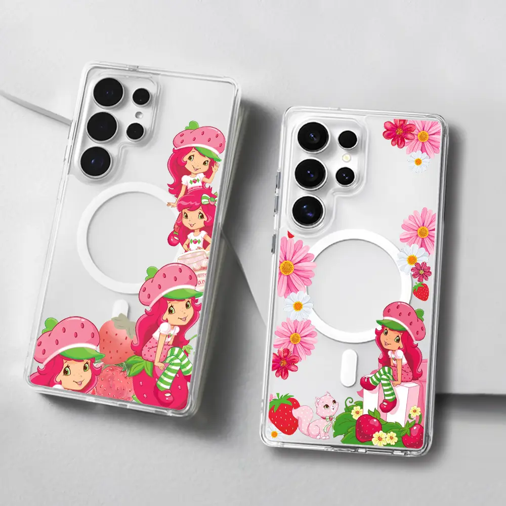 Cute Coquette Strawberry Magnetic phone Case for Samsung S26/S25/S24/S23/S22/S21/S20/S10/NOTE20/NOTE10/NOTE9/PLUS/ULTRA/FE/A57/A56/A55/A54/A37/A36/A35/A34/A26/A25/A24/A23/A17/A16/A15,Transparent Shockproof Protective Cover gift for Shortcake fans