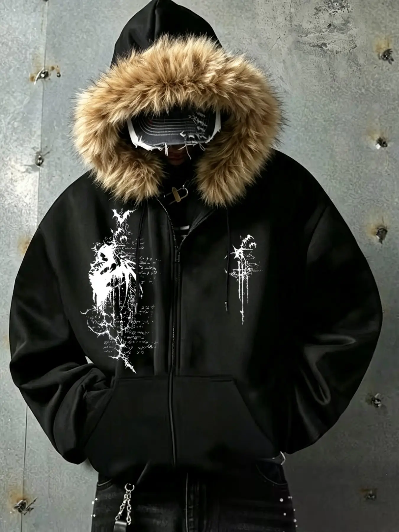 Dark Gothic Faux Fur Hooded Sweatshirt, Devil Manuscript Print Oversized Zipper Jacket, Unisex Street Style Outerwear