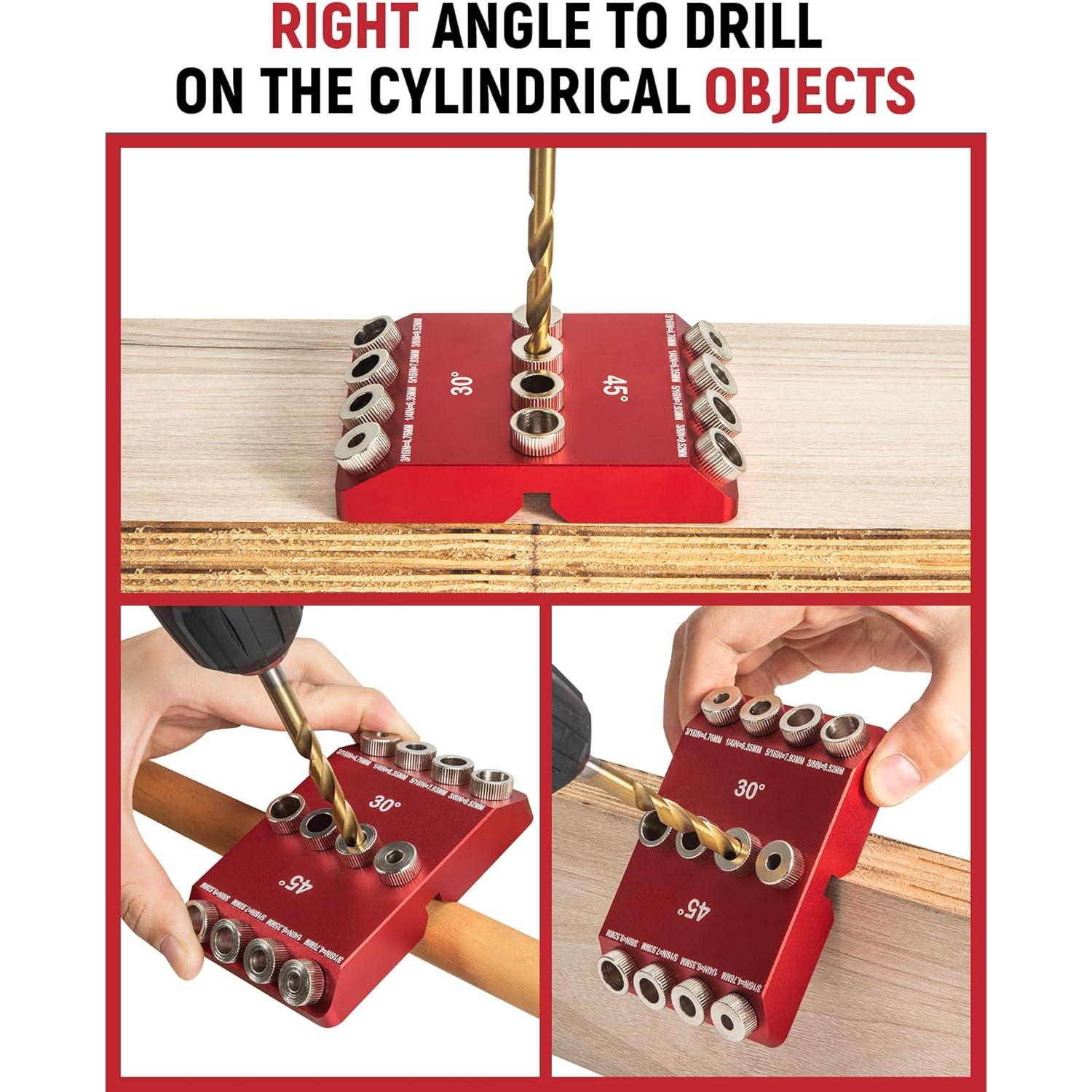 30?45?90? Angle Drill Guide Jig for hand drill, Portable angle drill guide block for straight or angled holes, pocket-hole tool set with 4 bits for holes in railing, handrails, drill press, decks