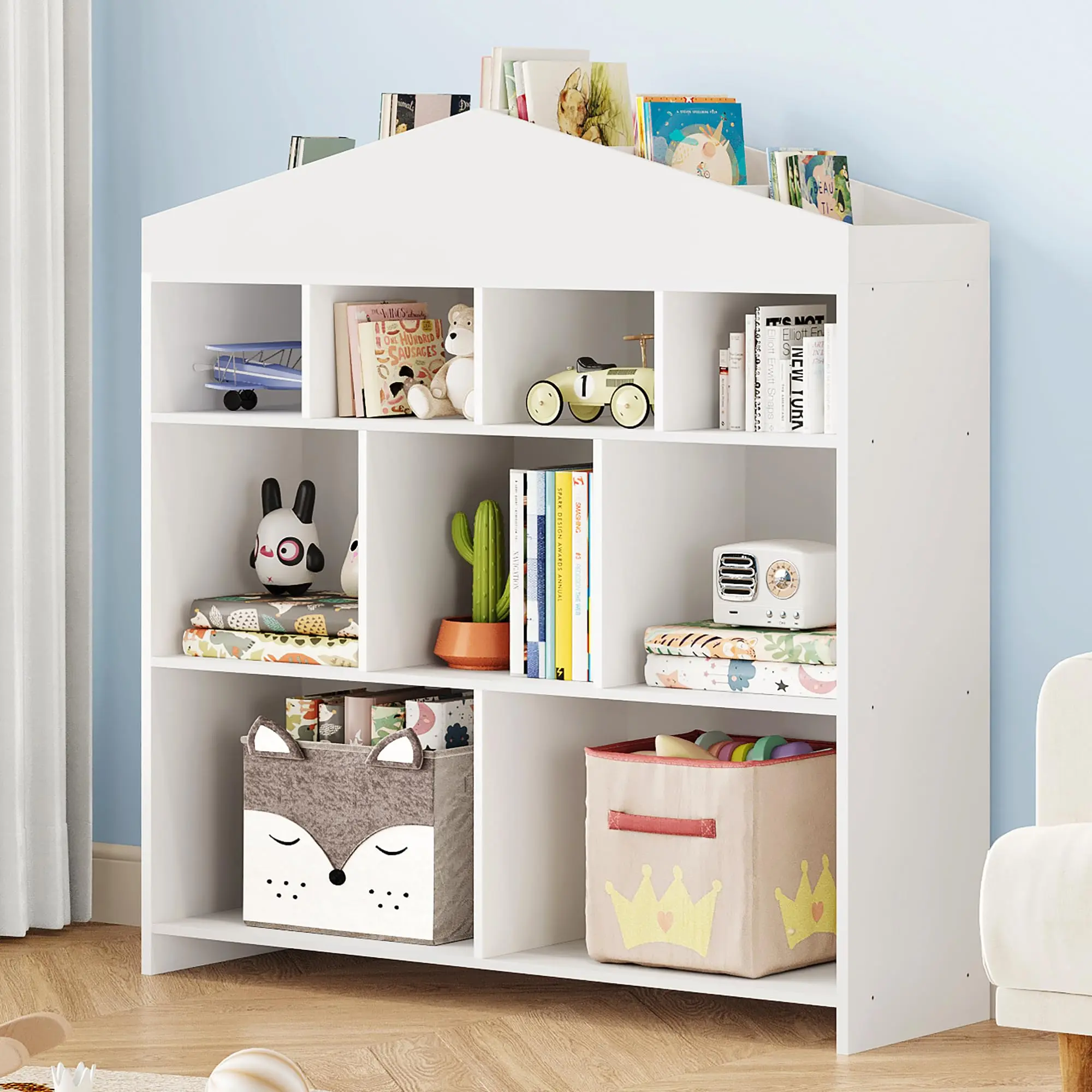 Kids House-Shaped Wooden Bookshelf & Toy Organizer, 4-Tier Floor Cubby Bookcase with 15 Cubes, Open Storage Shelf with Anti-Tip Kit for Nursery Playroom Bedroom Learning Area