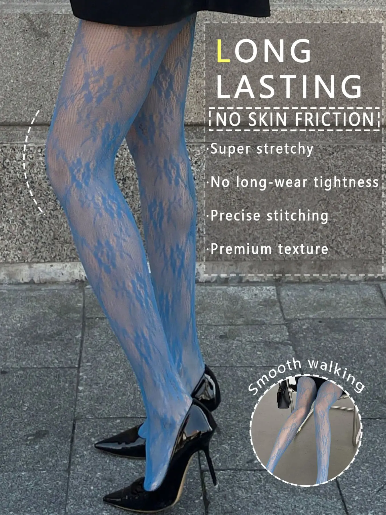 Vintage Blue Vine Flower Lace Stockings, Pure Desire Style, Hollow Out Transparent Net Socks, High Elasticity, Long Length, Perfect for Blazers and Skirts