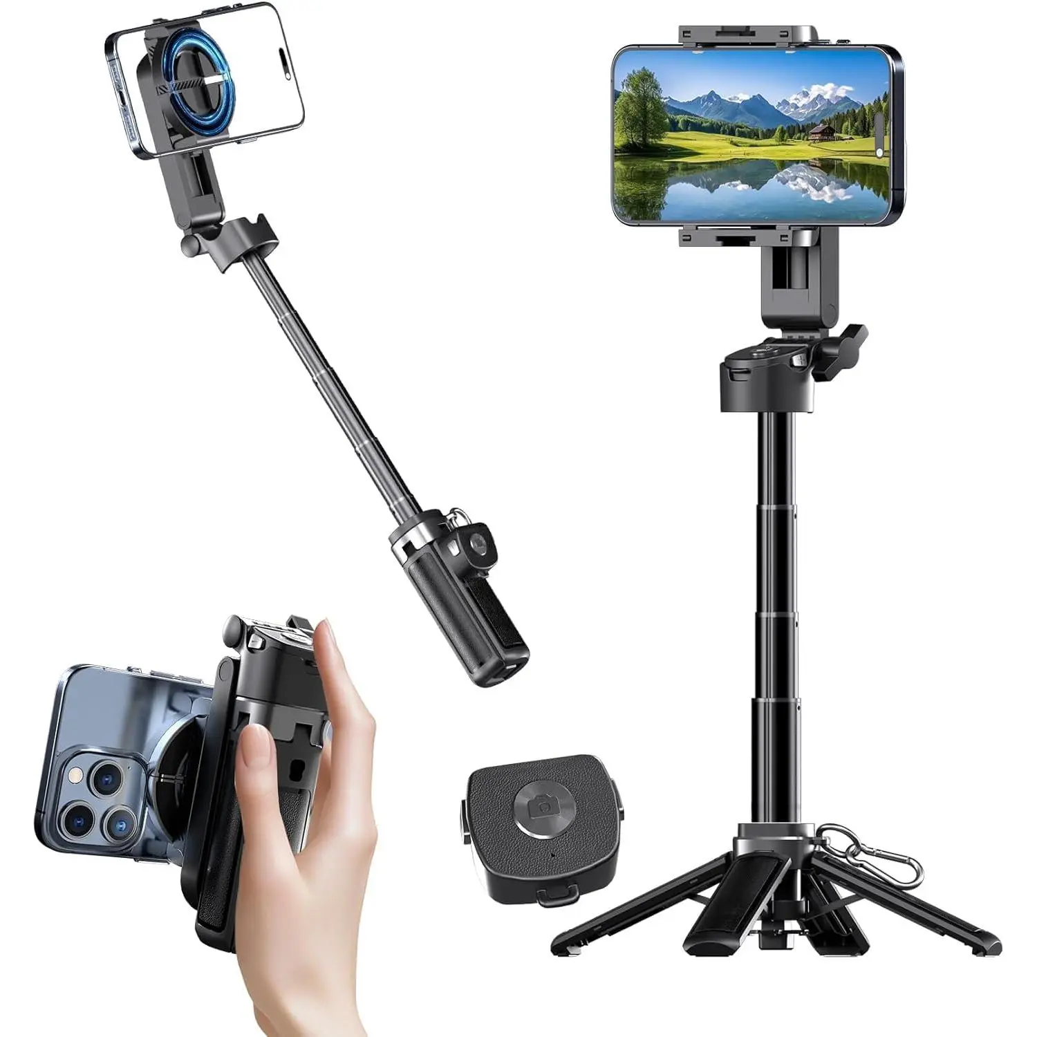 Phone Tripod Stand, Portable Mini Selfie Stick for  16/15/14/13/12 & MagSafe,  Angle-Adjustable Foldable   Phone Holder, Travel Essentials, Included Metal Ring