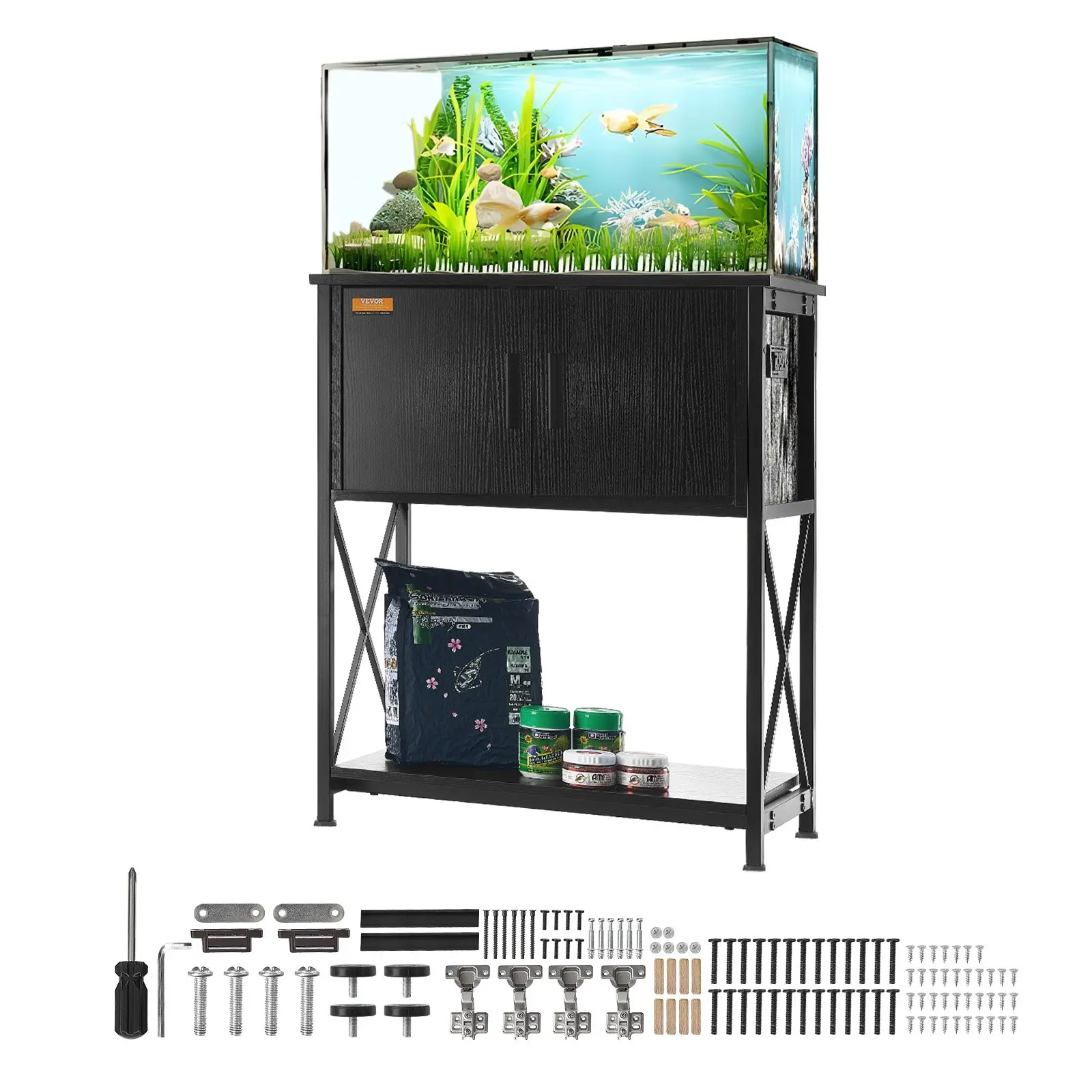 VEVOR Aquarium Stand, 20 Gallon Fish Tank Stand, 25.6x 16.5x 31.9 in Steel and MDF Turtle Tank Stand, 167.6 lbs Load Capacity, Reptile Tank Stand with Storage Cabinet and Embedded Power Panel, Black