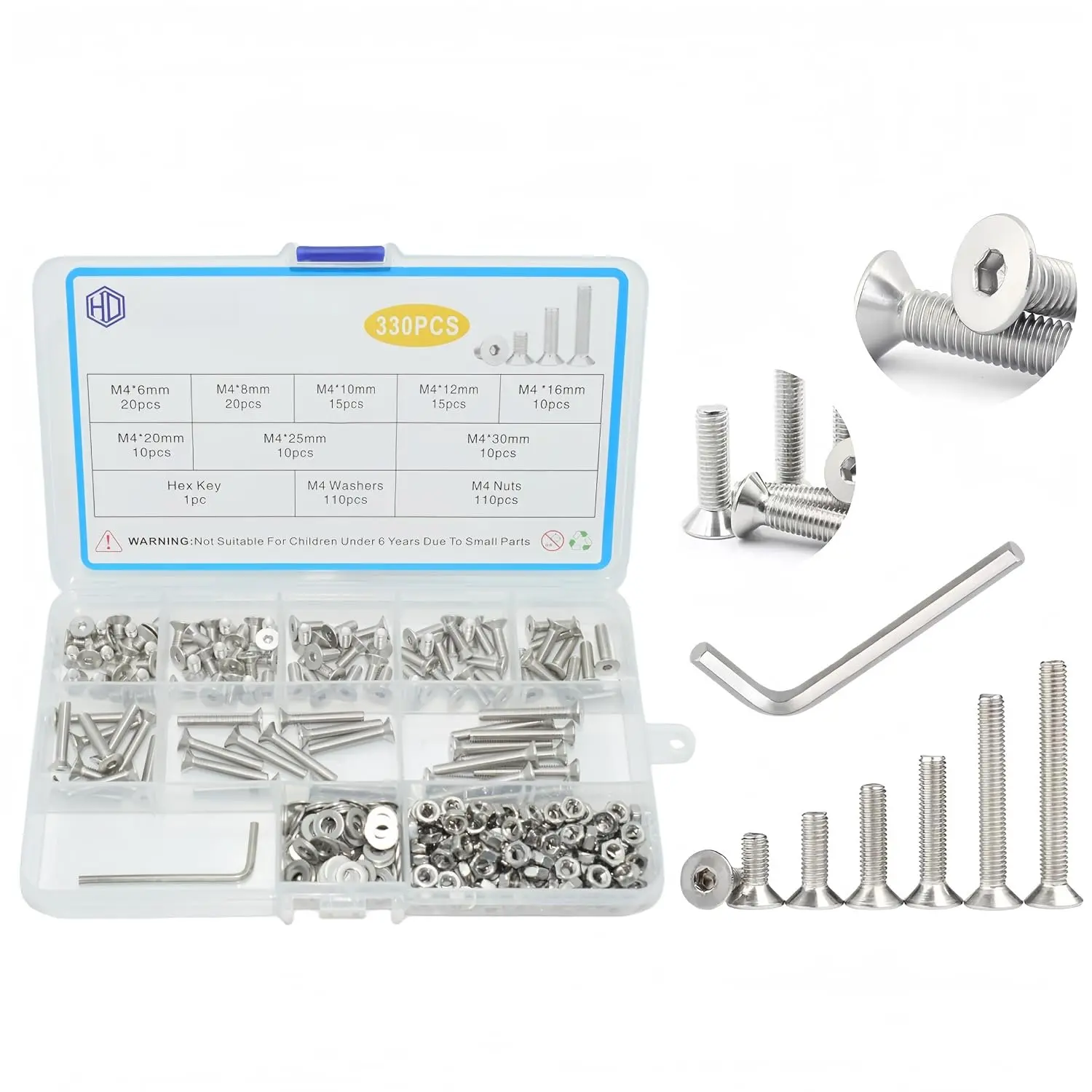 330 count M4 Screws  Kit, M4x6mm/8mm/10mm/12mm/16mm/20mm/25mm/30mm, Metric Hex Flat  Countersunk Screws Nuts Washers Kit with Wrench, 304 Stainless Steel
