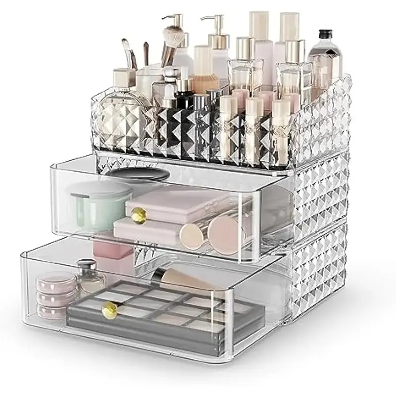 Makeup storage box, stackable cosmetic storage box, cosmetic display box with 2 drawers and 1 tray for makeup brushes, hair accessories, lipstick, and jewelry, transparent color