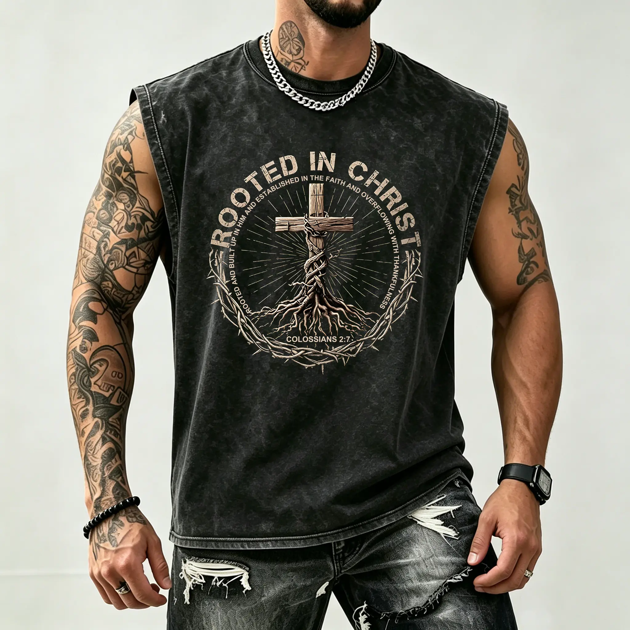 Vintage Washed Men 100% Cotton Sleeveless Tank, Rooted In Christ Cross Faith Muscle Vest, Distressed Retro Cut Off Tee, Soft Breathable Streetwear, Gift For Boyfriend Husband Dad Family, Loose Fit Gym Religious Grunge Black Sleeveless Shirt