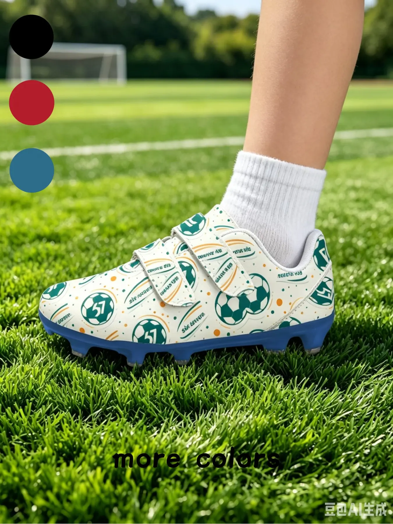1 Pair Kids Triple Velcro Football Cleats With Cream White Base Print Of Green Footballs, No.57 Numbers, Trails & Dots, Fresh Green Pitch Sports Style, Non-slip Red Stud Sole & Wear-resistant Upper, Soccer Shoes For Boys And Girls Grass Training & School