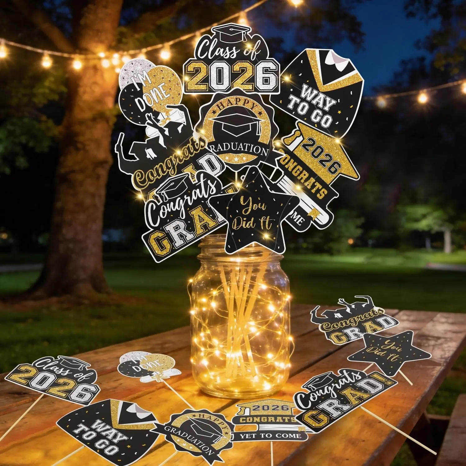 Graduation Decorations 2026 32Pcs Black Gold Graduation Table Centerpiece Sticks with Lights for College High School Any Grade Party Decor Supplies Photo Props