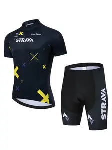 Men's Cycling Short Sleeve Set, Breathable Sportswear, Road Bike Shirt, Three Back Pockets, Round Neck, Geometric Print, All Seasons
