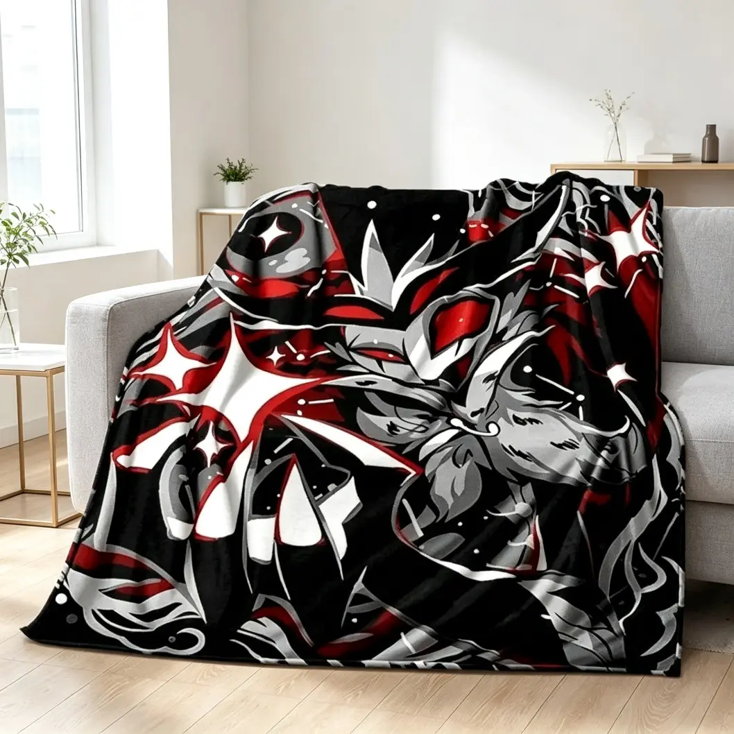 Helluva Boss Themed Flannel Blanket, Blitzo Striker Cartoon Character Soft Throw Blanket, Cozy Lightweight Cooling Blanket for Bedroom Bed Sofa Picnic Travel, Kids & Adults Gift