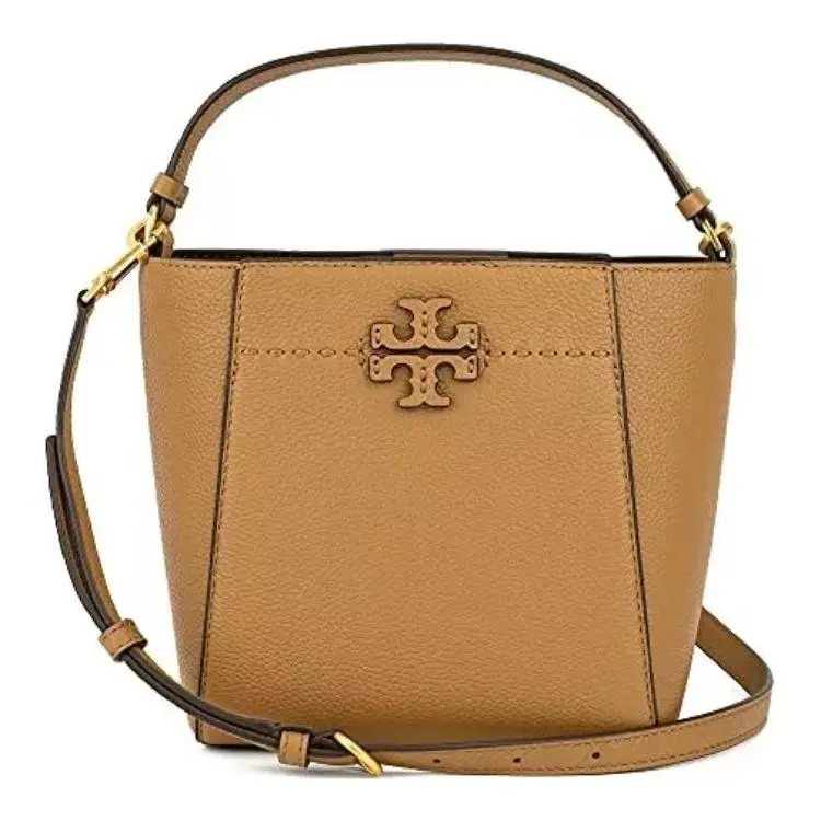 Tory Burch McGraw Double-T Logo Bucket Bag for Women, Elegant Stitching, Lychee-Grain Leather, Tiramisu Color