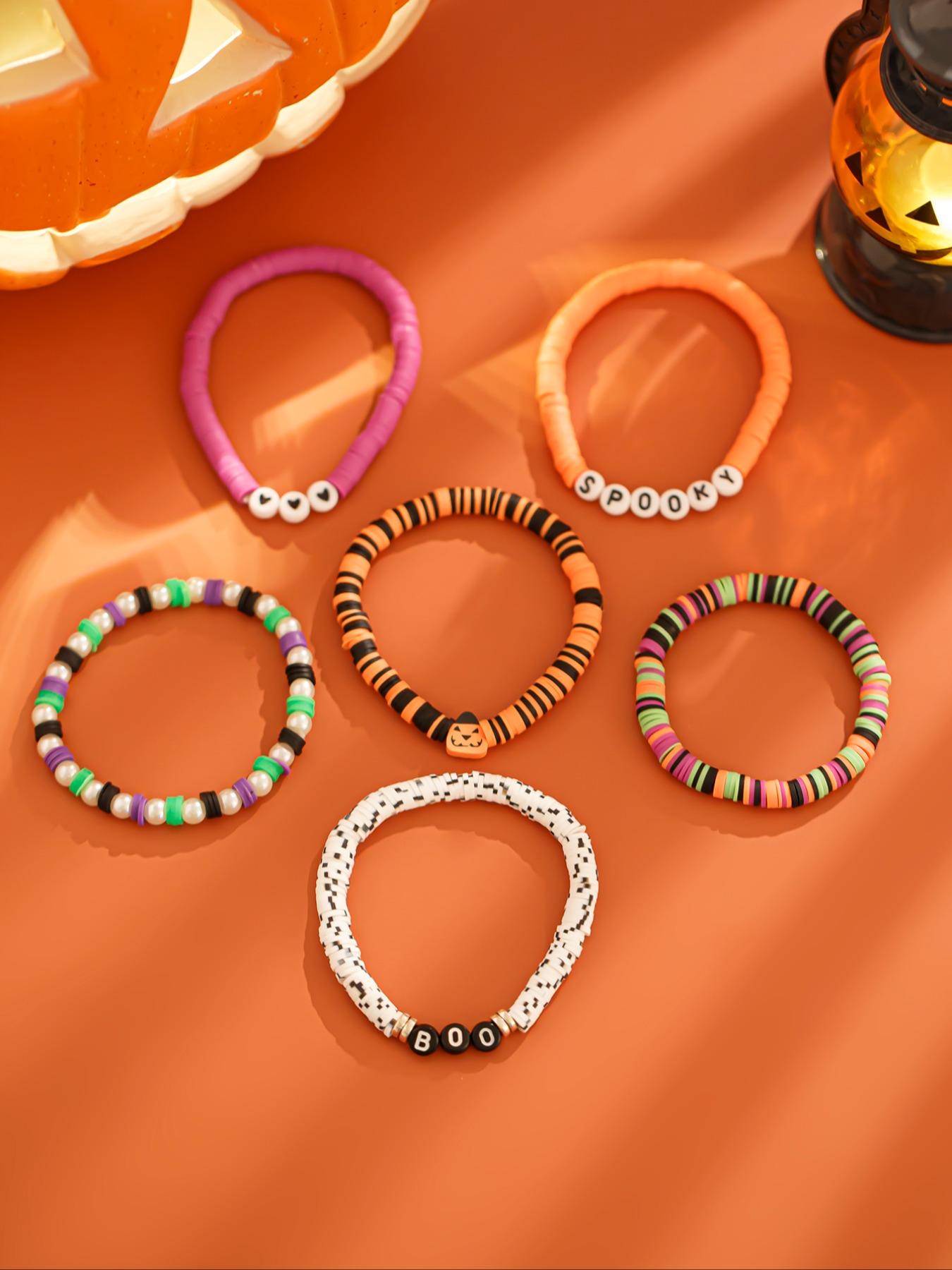 Halloween Party Gift Set, 6-Piece Colorful Soft Clay Bracelets, Acrylic Letter Pumpkin Ghost Design, Holiday Jewelry Accessories