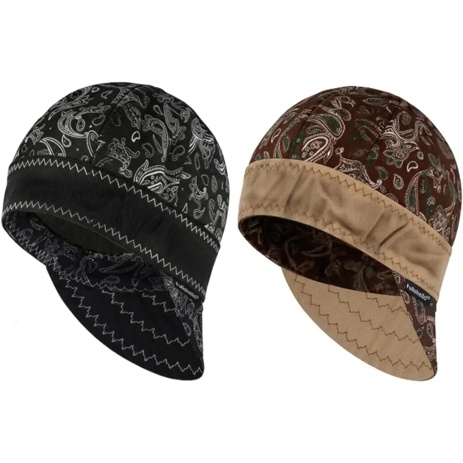 Reversible Cap FR Cotton Welder Hat,Black+Brown,2Pcs |   Onesize Fits All, Paisley Weld Cap, Protective Cap for Men, Breathable and Comfortable Helmet Liner, Multi-color Hats