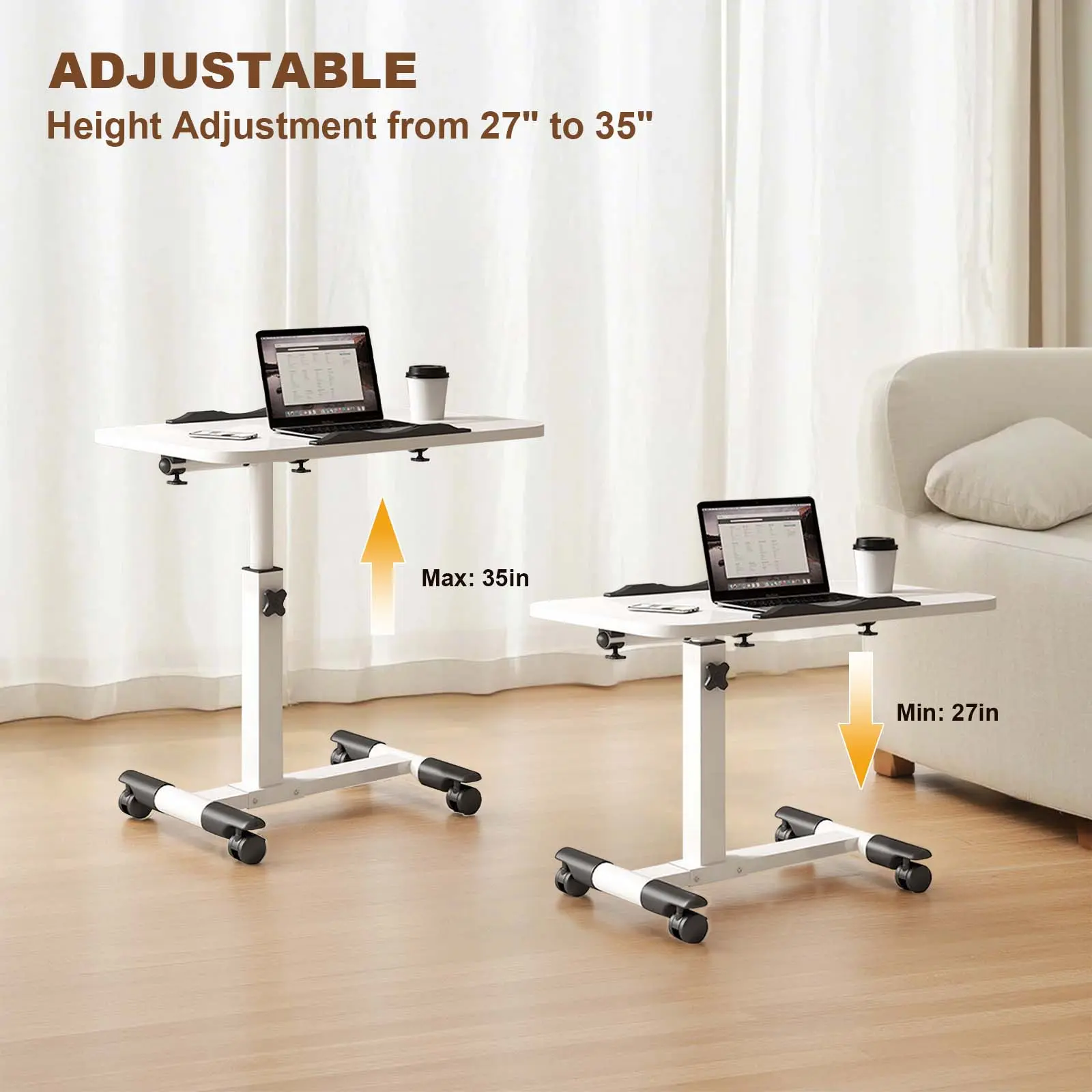 Adjustable Overbed Laptop Desk with Wheels – Tilting Height-Adjustable Workstation for Bed, Couch, Home Office or Hospital – Portable, Folding Computer Table, Sturdy Iron & Density Board, Non-Slip – Black