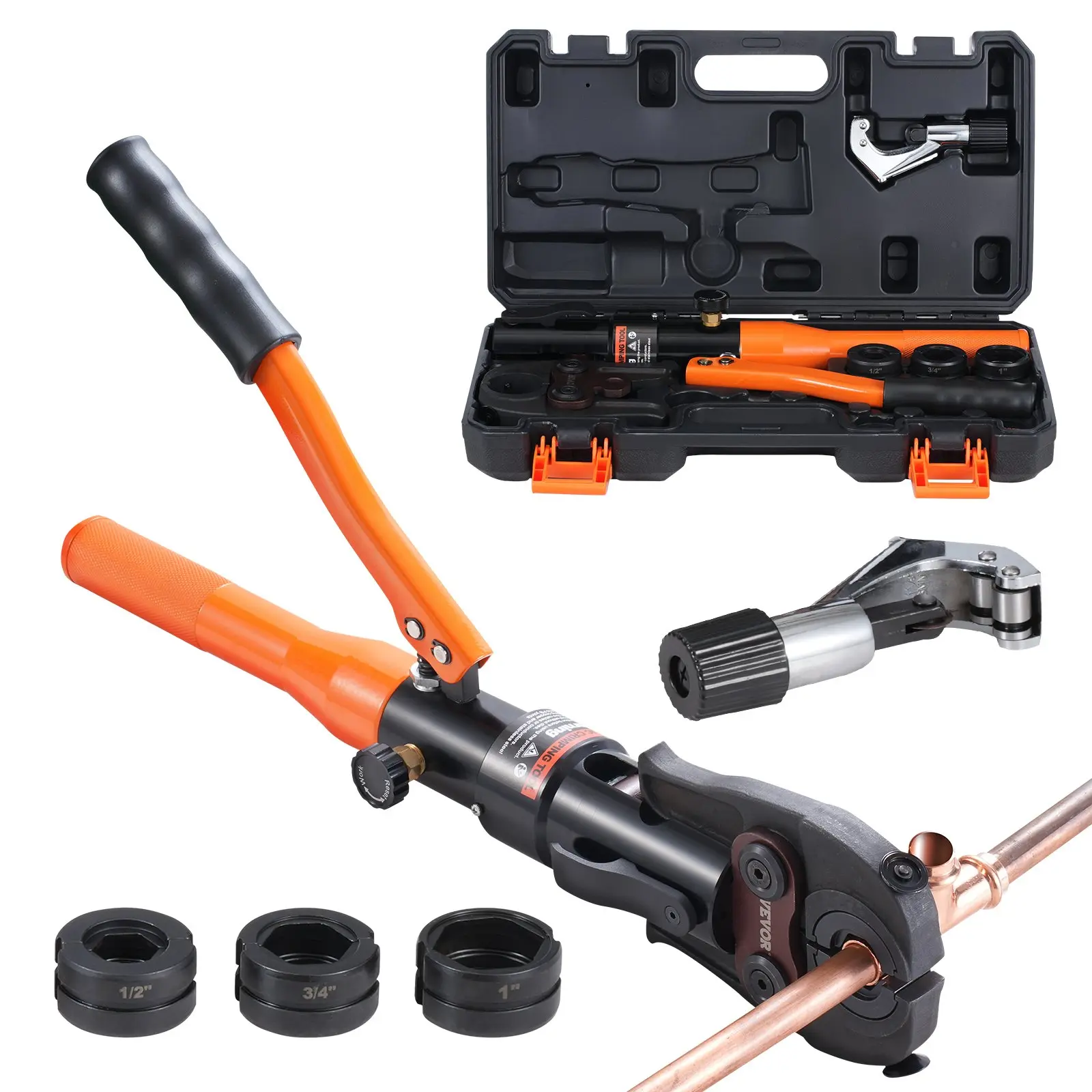 VEVOR Hydraulic Copper Pipe Crimping Tool - Multi-Size Pipe Fitting Tools with 1/2", 3/4", 1" VUS Copper Die Set, for Narrow Spaces and Tee Fittings, Hydraulic Drive