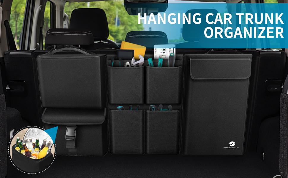 Hanging Car Trunk Organizer with Cooler, Large Pockets, Zippers Detachable Seat Back Waterproof Car Storage Trunk Organizer for Jeeps, SUVs, Black