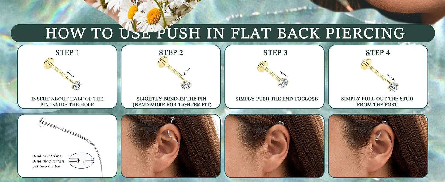 Threadless 14K Gold Plated Surgical Steel CZ Nose Rings Studs Hoops - Hypoallergenic Push-in Flat Back Nose Ear Cartilage Piercing Jewelry for Women Men