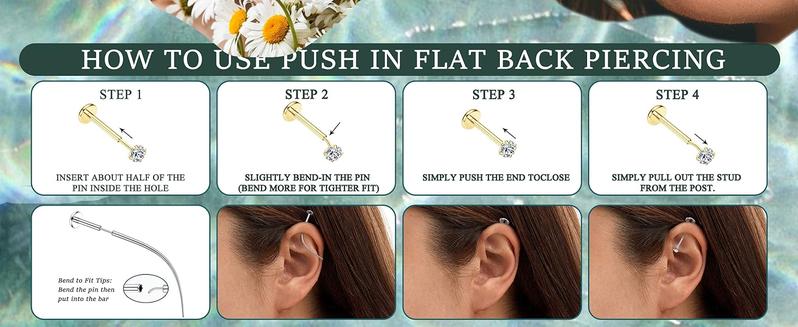 Threadless 14K Gold Plated Surgical Steel CZ Nose Rings Studs Hoops - Hypoallergenic Push-in Flat Back Nose Ear Cartilage Piercing Jewelry for Women Men