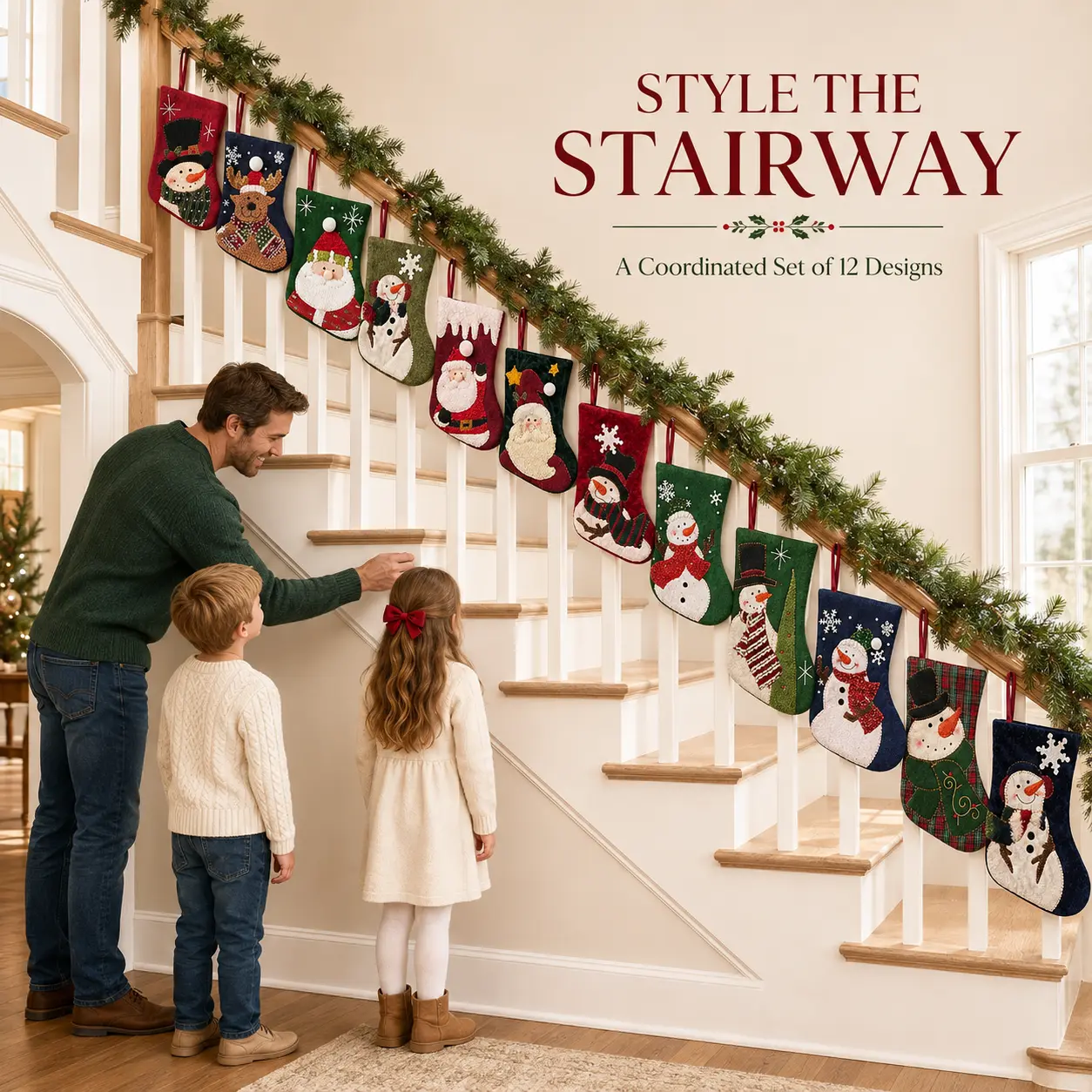 7-Inch Classic Polyester Mini Christmas Stockings (Set of 12) - Assorted Designs, Irregular Shape, Santa-Snowman-Reindeer Hanging Socks for Christmas Tree, Fireplace Decorations