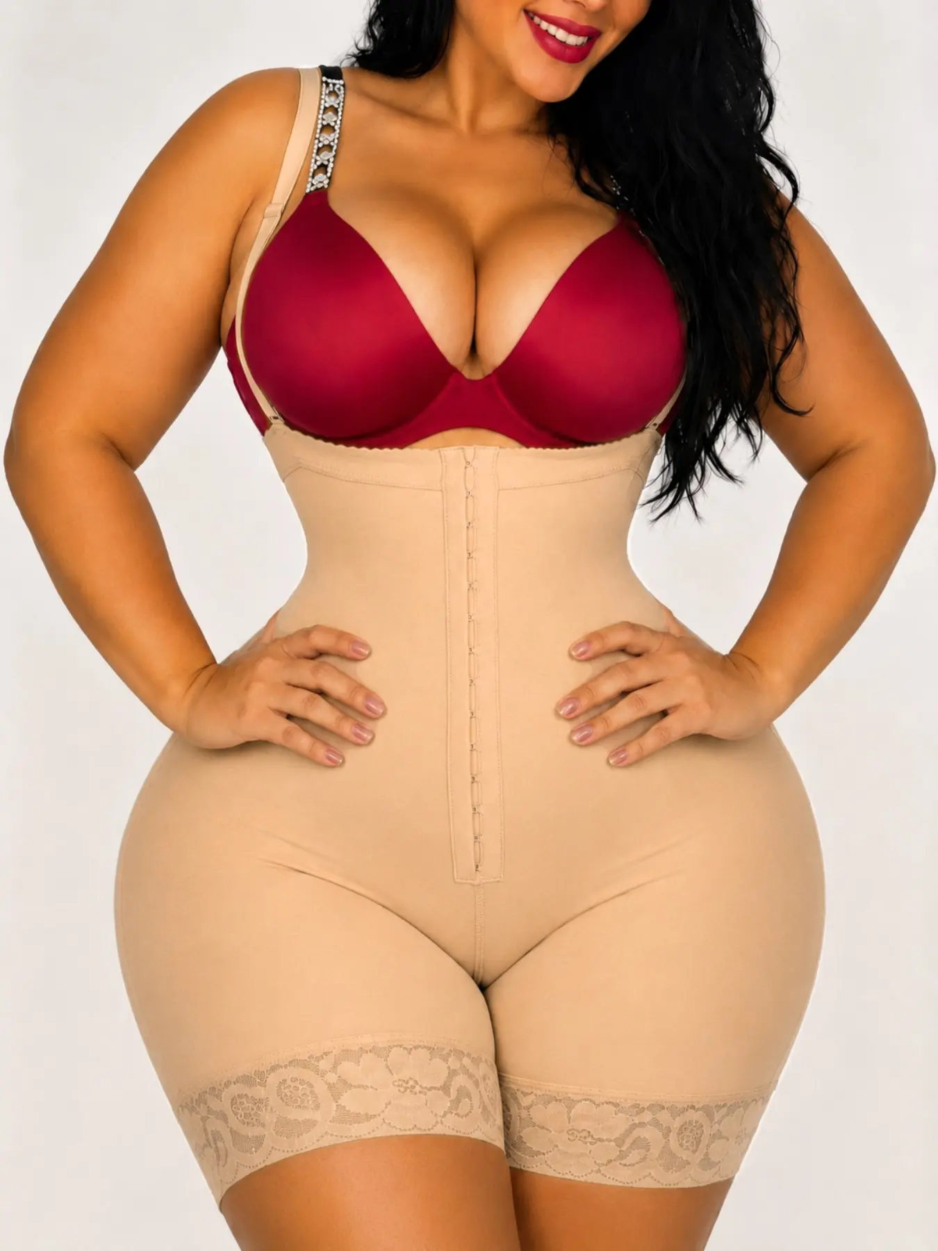1 Count Women's Anti-Slip Lace Hem Bodysuit, Colombian Shapewear, Fajas, 2-In-1 Convertible Sculpting Jumpsuit, Butt Lifting And Tummy Control Shapewear Shorts, Detachable Thin Strap Body Shaper, Suitable For Various Occasions