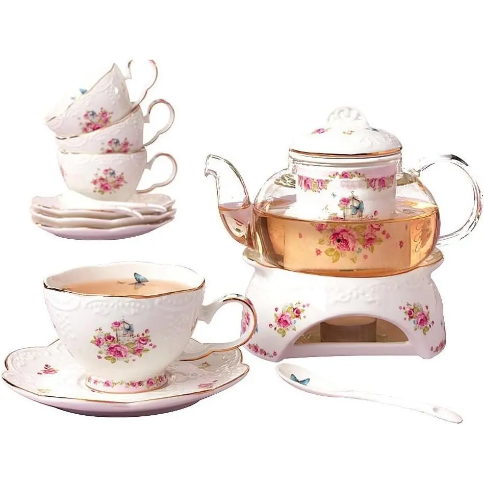 Jusalpha 16-Piece Vintage Porcelain Flower Series Tea Set with Teapot Warmer