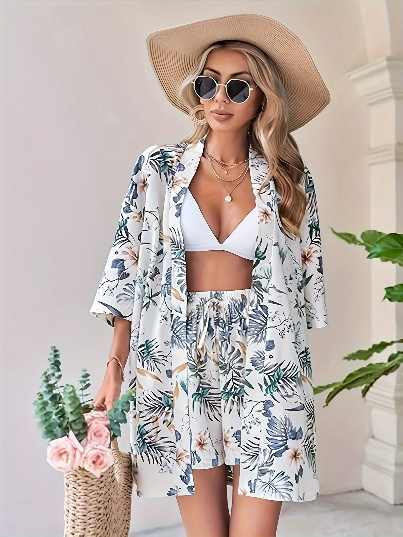 Women's Tropical Leaf Print 2 Piece Outfit, Open Front Kimono Top + Drawstring Shorts Bohemian Casual Vacation Set
