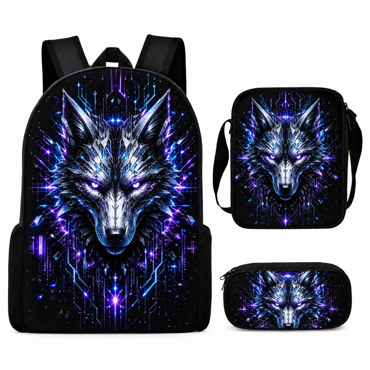3-Piece Kids Backpack Set with Lunch Bag and Pencil Case, Cyber Wolf Tiger Astronaut Dragon School Backpack, Bookbag with Padded Shoulder Straps and Side Mesh Pockets, Elementary Student Daypack for Boys, Girls, School, Travel and Daily Use, Bookbag