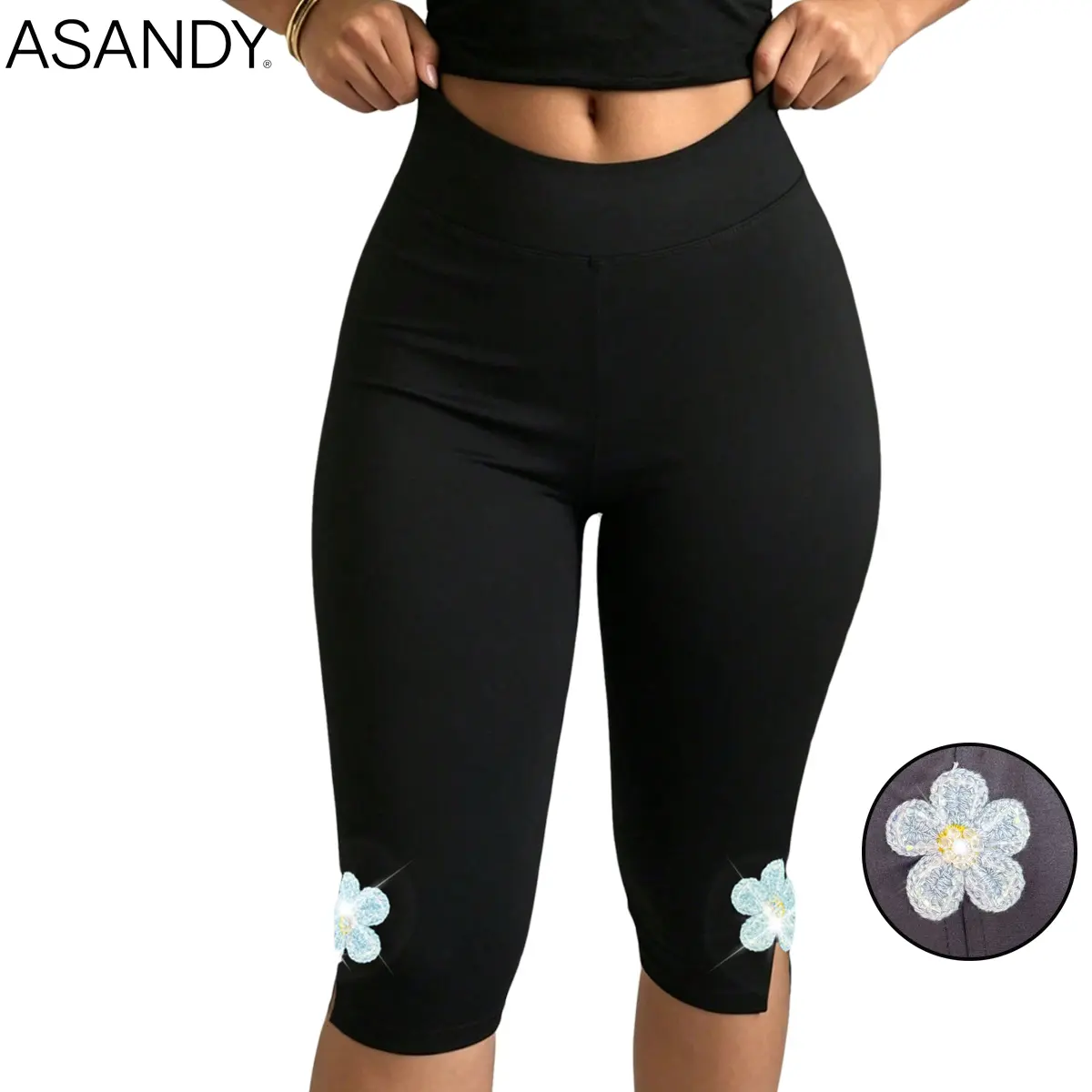 ASANDY Women's High Waisted Capri Leggings with Rhinestone Floral & Pearl Bow, Comfy Buttery Smooth Bodycon Pants with Split Hem for Yoga, Bottom, Pearls, Basic, Ease