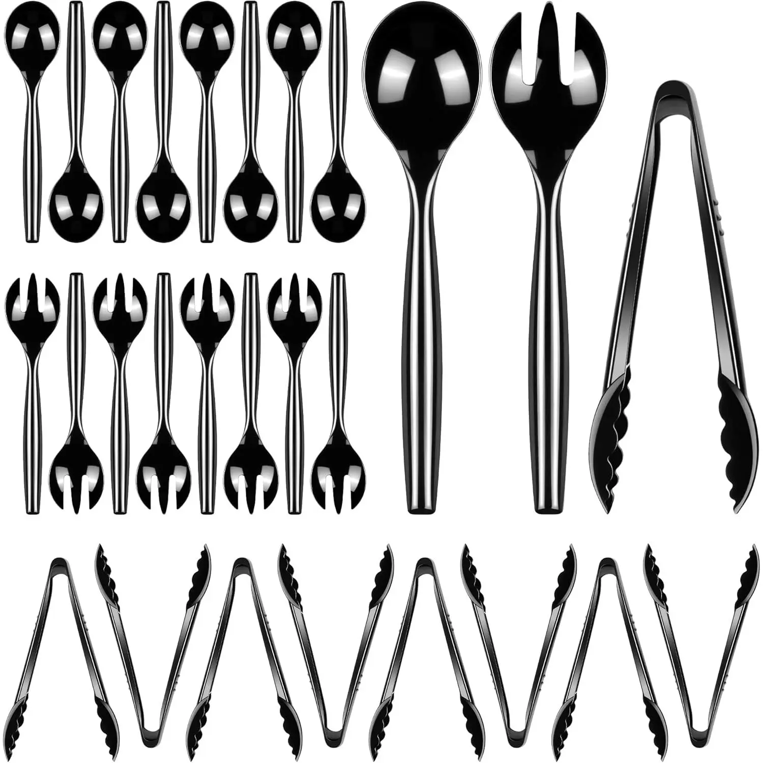 Disposable Black Plastic Serving Utensils Set (24 Pcs Total, 8 Sets) - 9.72" Spoons, 9.72" Forks, 8.46" Tongs for Dining, Dinner Parties, Daily Use