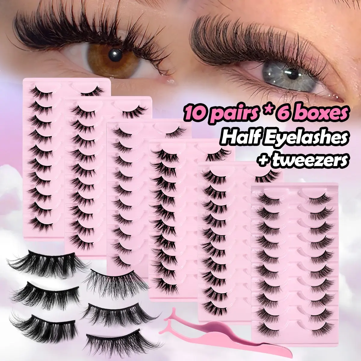 MAANGE 60 Pairs Half Lashes Set, 6 Styles Natural False Eyelashes with Tweezers, 3D Wispy Cat Eye Half Lashes, Lightweight Reusable Volume Lashes, Volumized False Eyelashes, for Daily & Party Makeup, Faux Mink Lashes, Beginner Friendly Half Eyelashes Set