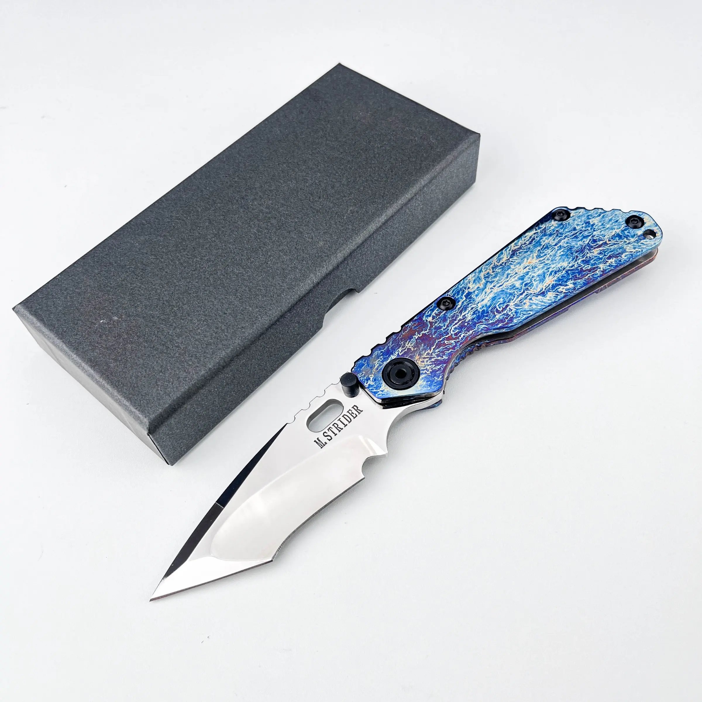 Blue Flame Titanium Alloy Collectible Folding Knife, tactical modified D2 sharp blade design, vacuum-baked titanium alloy handle, suitable for camping, hiking and daily carry EDC, perfect for knife collection and high-end gifts, Outdoor Knives