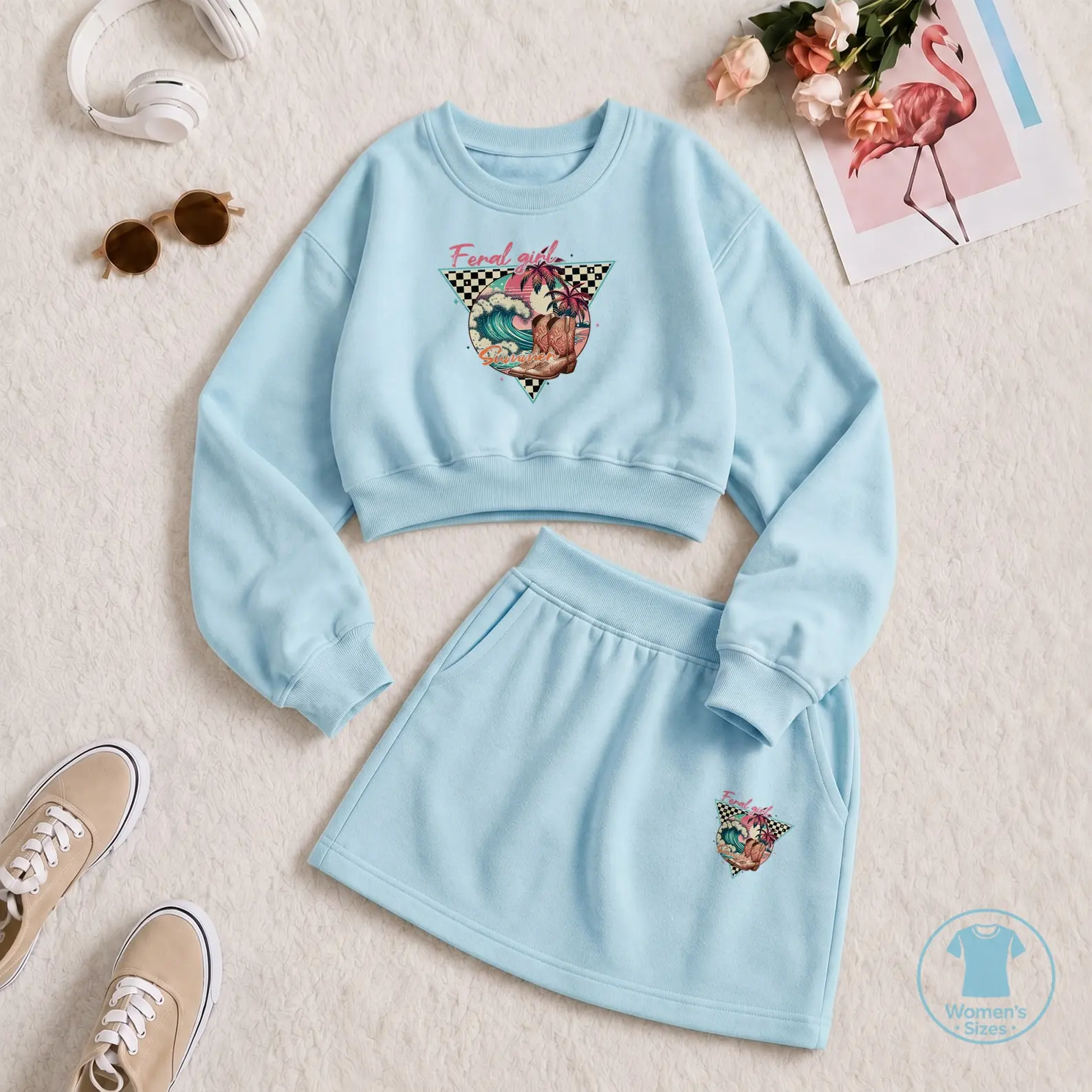 Women’s Retro Summer Graphic Crop Sweatshirt and Mini Skirt Set, Designed with Beach Vibes, Wave Artwork and Tropical Inspired Print. Stylish Matching Two Piece Outfit Perfect for Y2K Fashion, Travel, Weekend Wear