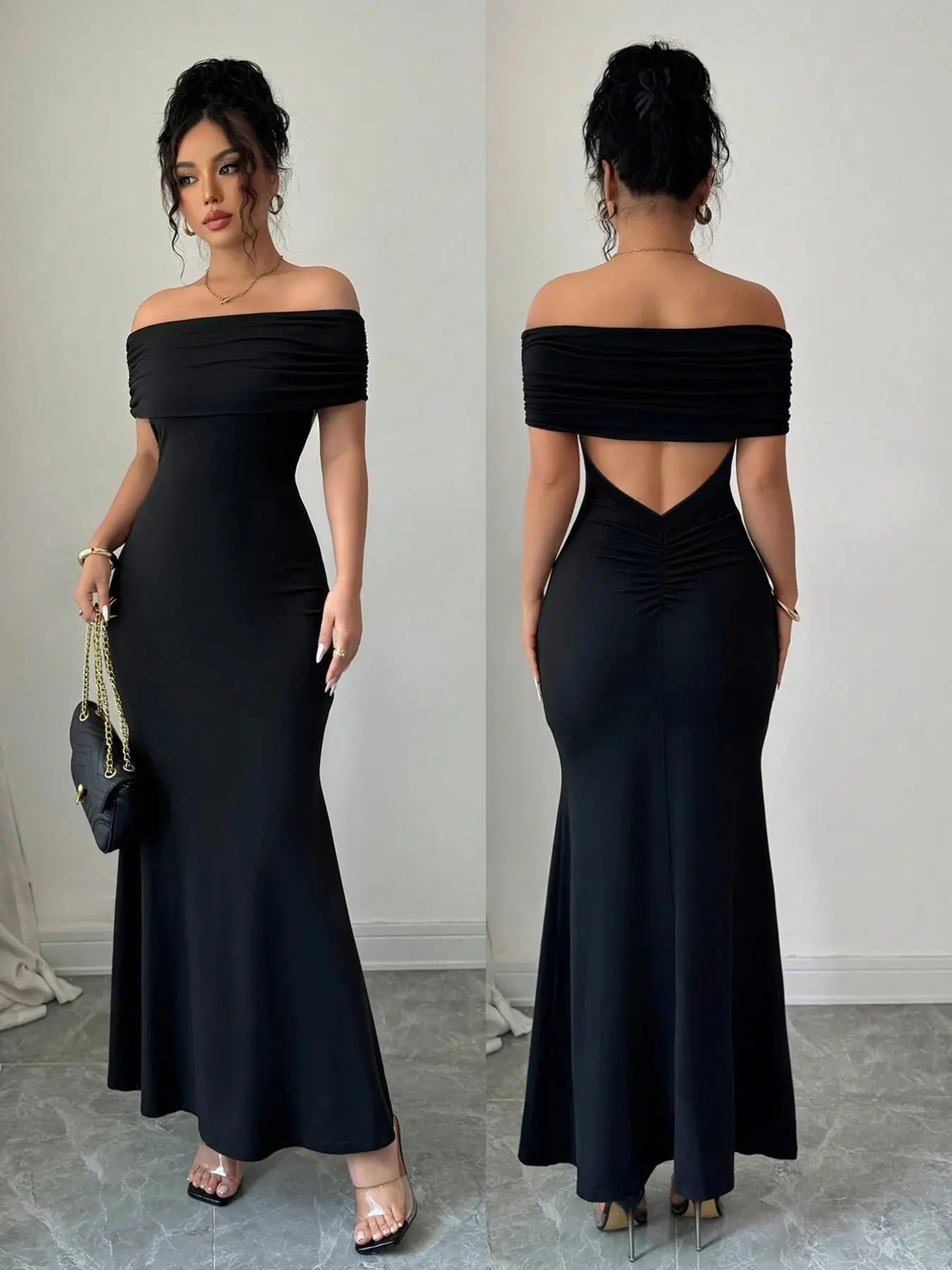 Curvy Women off Shoulder Backless Ruched Mermaid Maxi Dress, Bodycon Tummy Control Fit Evening Gown, Date Night Cocktail Party Dress, Chic Formal Wear Elegance, Evening Club Wear