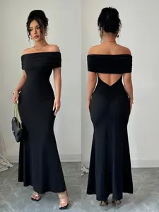 Curvy Women off Shoulder Backless Ruched Mermaid Maxi Dress, Bodycon Tummy Control Fit Evening Gown, Date Night Cocktail Party Dress, Chic Formal Wear Elegance