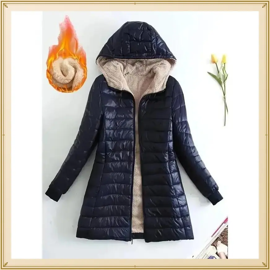 New Mid-Length Hooded Slim-Fit Fleece-Lined Warm Jacket for Women, Cozy Layering Piece, Winter Outerwear, Minimalist Design, Elegant Style, Long Sleeve Jacket, Midlength Coat, Cold Climate Apparel, Everyday CoatGift