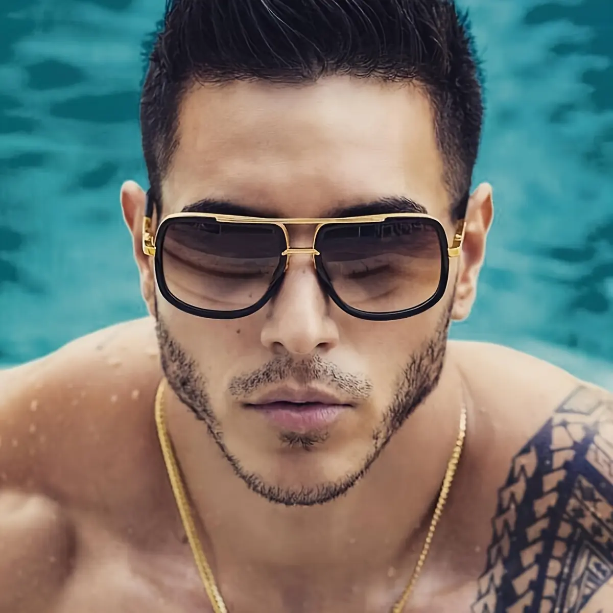 Light Luxury Heavy-Duty Black Gold Pilot Sunglasses for Men, High-End Square Shades, UV Protection Sunglasses for Outdoor Driving