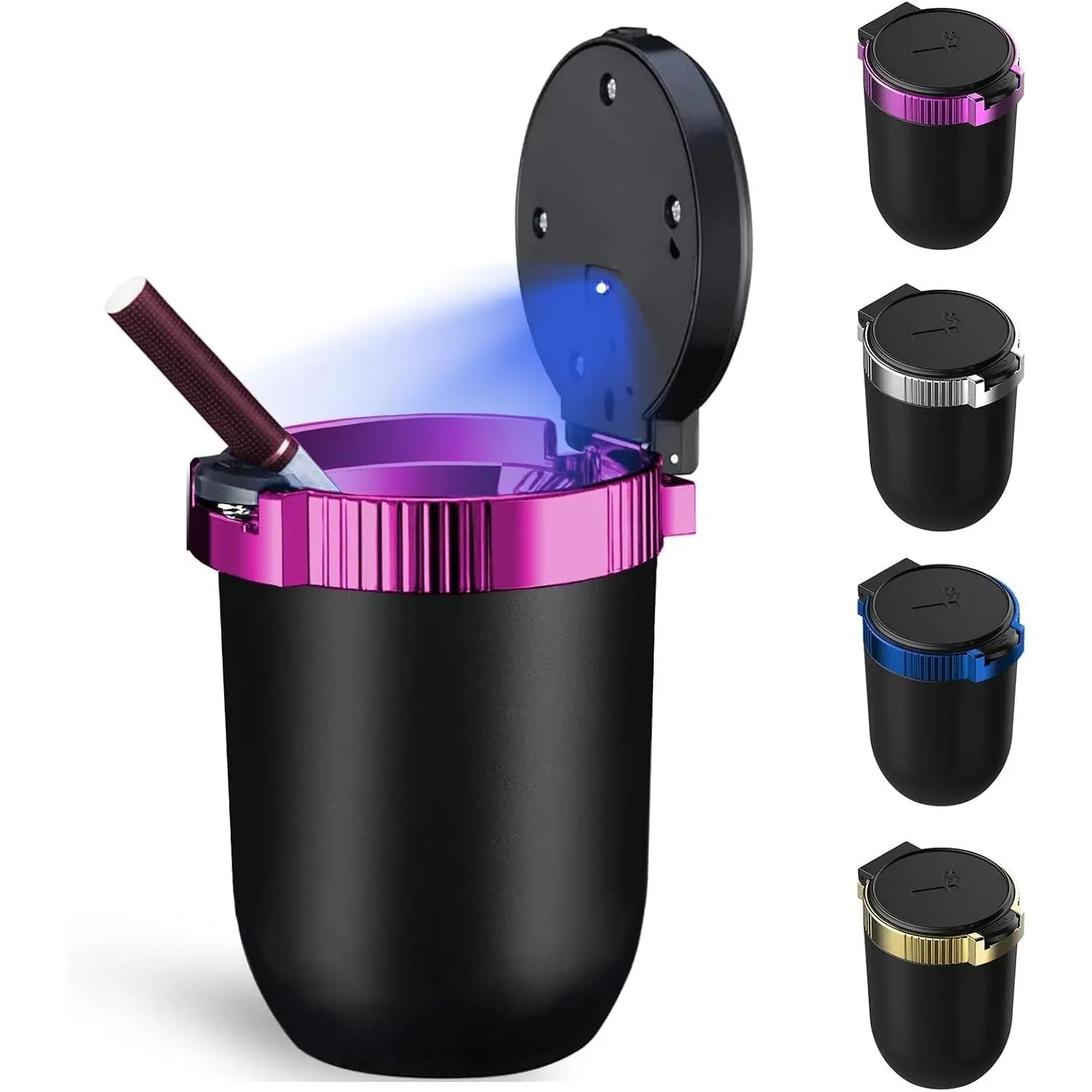 Smokeless Car Ashtray with Lid - Stainless Steel Inner Windproof Portable Ashtray with LED Blue Light, Detachable Mini Trash Can for Car Travel, Purple 1-PackGift