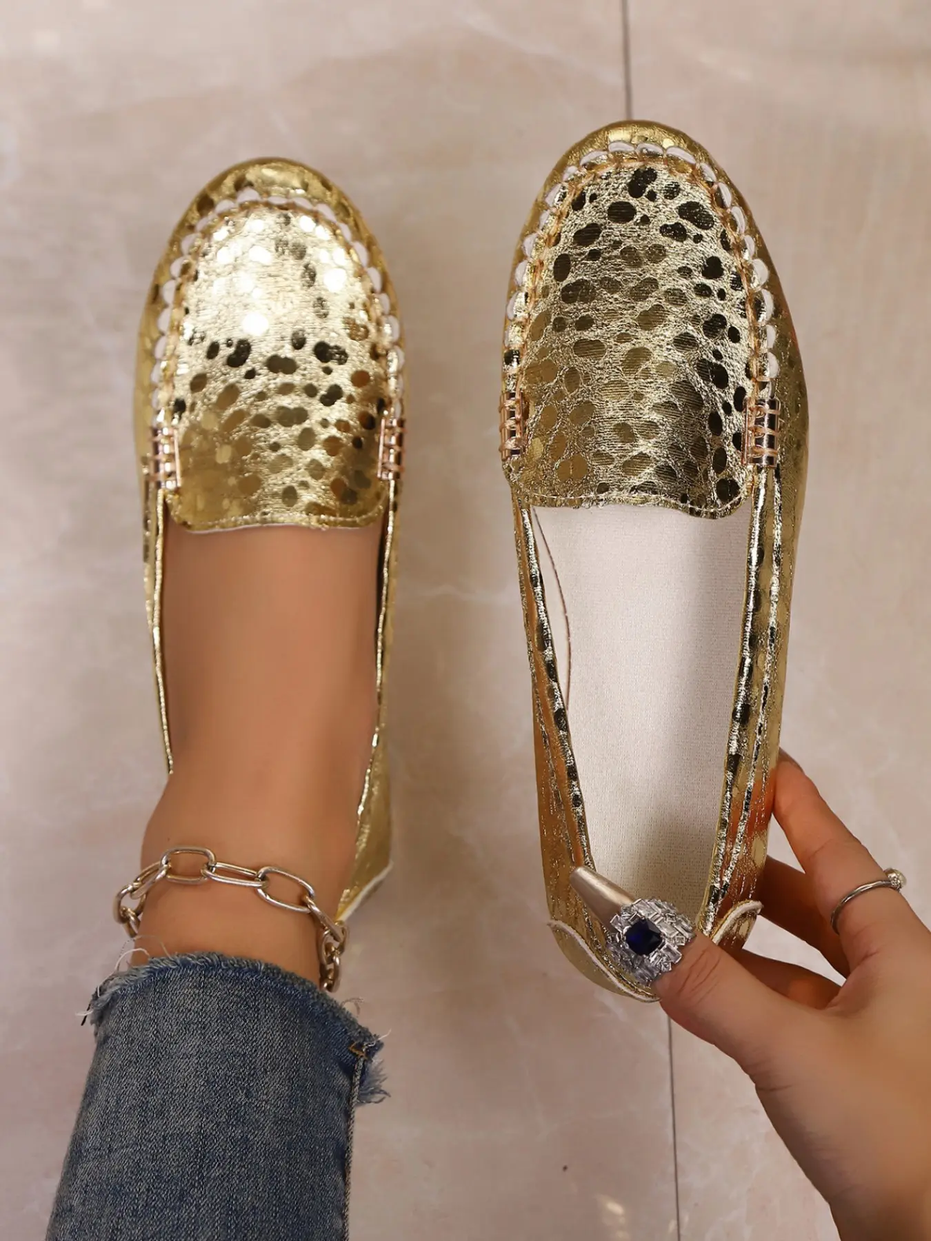 Metallic Leopard Print Loafers, Comfortable Soft Sole Slip-On Shoes, Casual Plain Design, All-Season Footwear for Daily Use