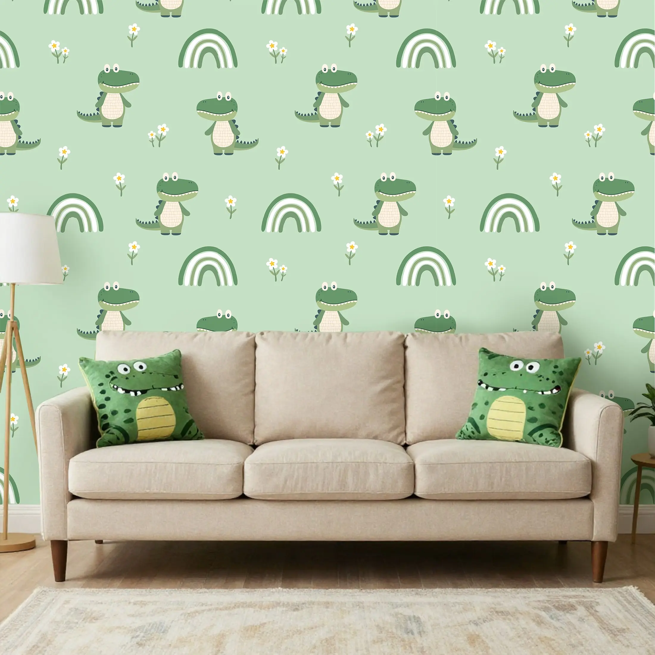 1 Roll 44.5cm/17.5in Light Green Cartoon Crocodile Wall Decals, Self-Adhesive Kids Wallpaper, Removable Wallpaper, Peel And Stick Wallpaper For Bathroom, Easy Cut Peel Stick Wall Decor, for Baby Nursery Kids Bedroom Bathroom Cabinet DIY Home Makeover