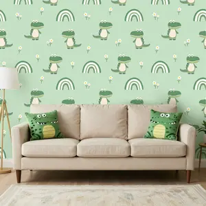1 Roll 44.5cm/17.5in Light Green Cartoon Crocodile Rainbow Daisy Wall Decals, Self-Adhesive Cute Kids Wallpaper, Thick Waterproof Furniture Contact Paper, Easy Cut Peel Stick Wall Decor, for Baby Nursery Kids Bedroom Bathroom Cabinet DIY Home Makeover
