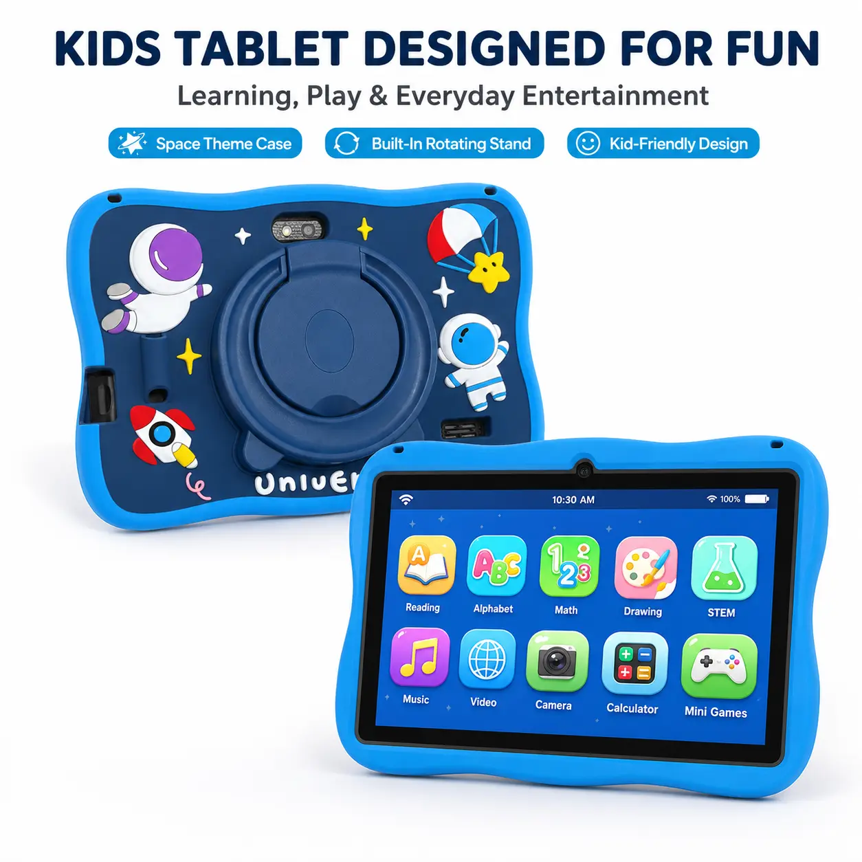 7 Inch Kids Tablet Android 15 WiFi 4GB 64GB Educational Toddler Tablet PC with Shockproof ABS Silicone Case 360° Rotating Kickstand Cute Space Astronaut Theme Drop-Proof Learning Pad Birthday Gift for Boys Girls