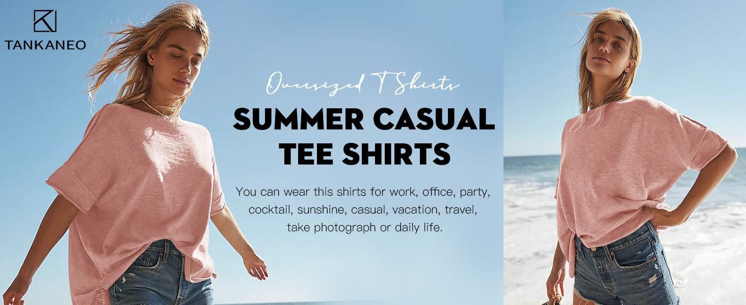 Imily Bela Women's Oversized T Shirts Casual Summer Crew Neck Loose Dropped Short Sleeve Side Slit Hem Blouse Tunic Tops