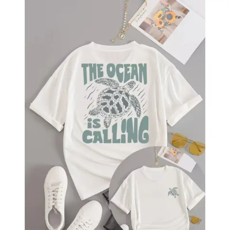 Double Sided The Ocean Is Calling Sea Turtle Wave Print Women's White Casual Short Sleeve Coastal Summer Beach Vacation T-Shirt