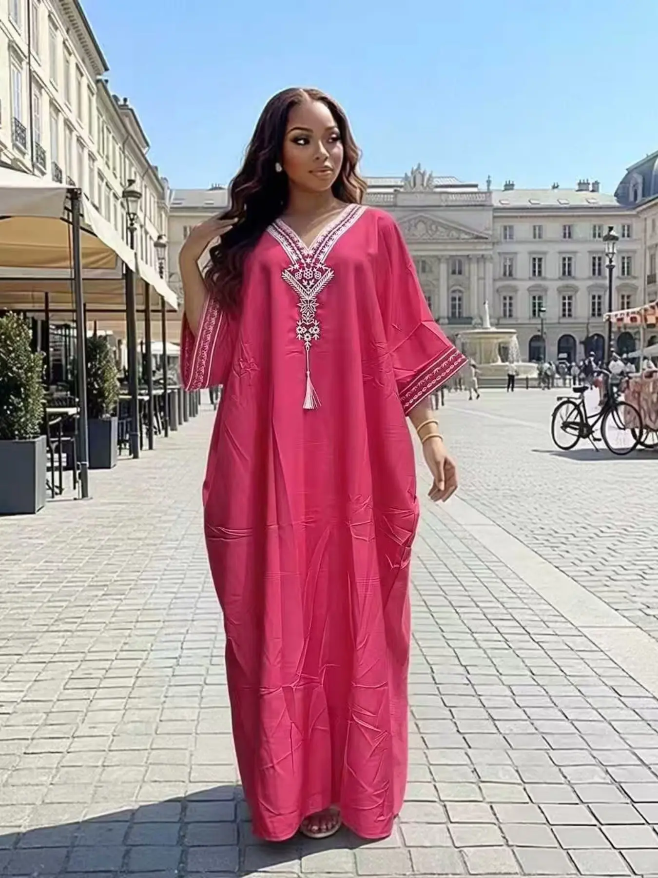 African plus women's solid color V-neck embroidered tassel long robe with loose bat sleeves, Casual wear, daily home and outdoor breathable wide, multiple colors to choose from