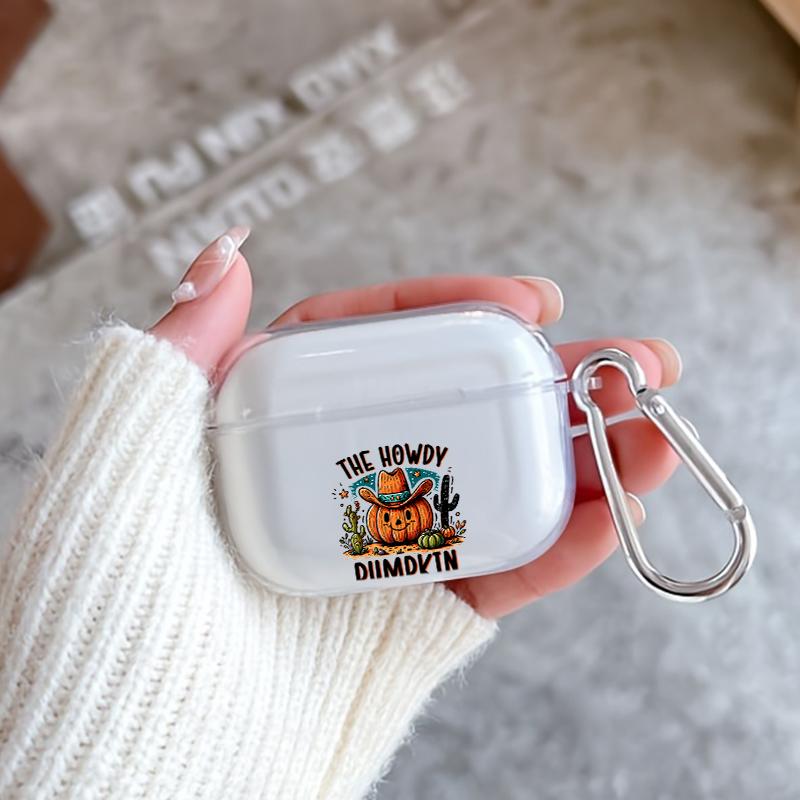 Cowboy Pumpkin Greeting Pattern TPU Soft Protective Case for Apple AirPods 4/3/2/1/Pro/Pro2 Transparent Earphone Cover with Keychain Attachment