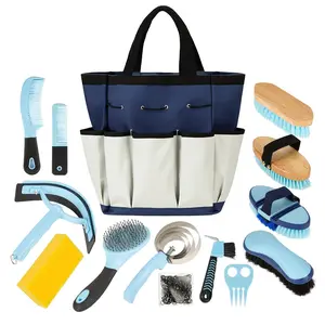 14-in-1 Professional Horse Grooming Kit Brush Supplies Set for Grooming & Care, with Brushes, Curry Comb, Hoof Pick & Waterproof Storage Tote Bag for Shining Detangling Massaging(Blue)