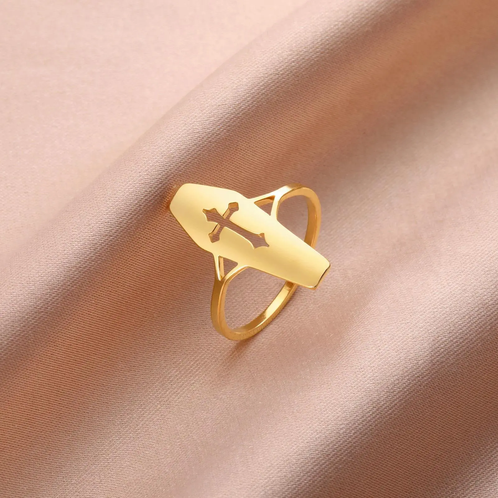 Unisex Stainless Steel Cross Coffin Ring - Dark Gothic, Gothic Fantasy, Gold Cross Design, Anti-Acid, Do Not Fade, Gold or Steel Finish, Size 11, Engagement Rings, Hip Hop Jewelry Gift